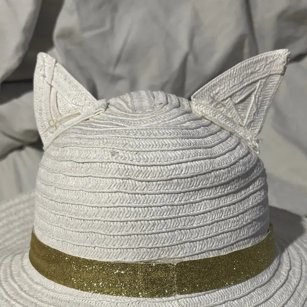Claire’s White Unicorn straw Sun Hat with Gold Accents NWT perfect wide brim